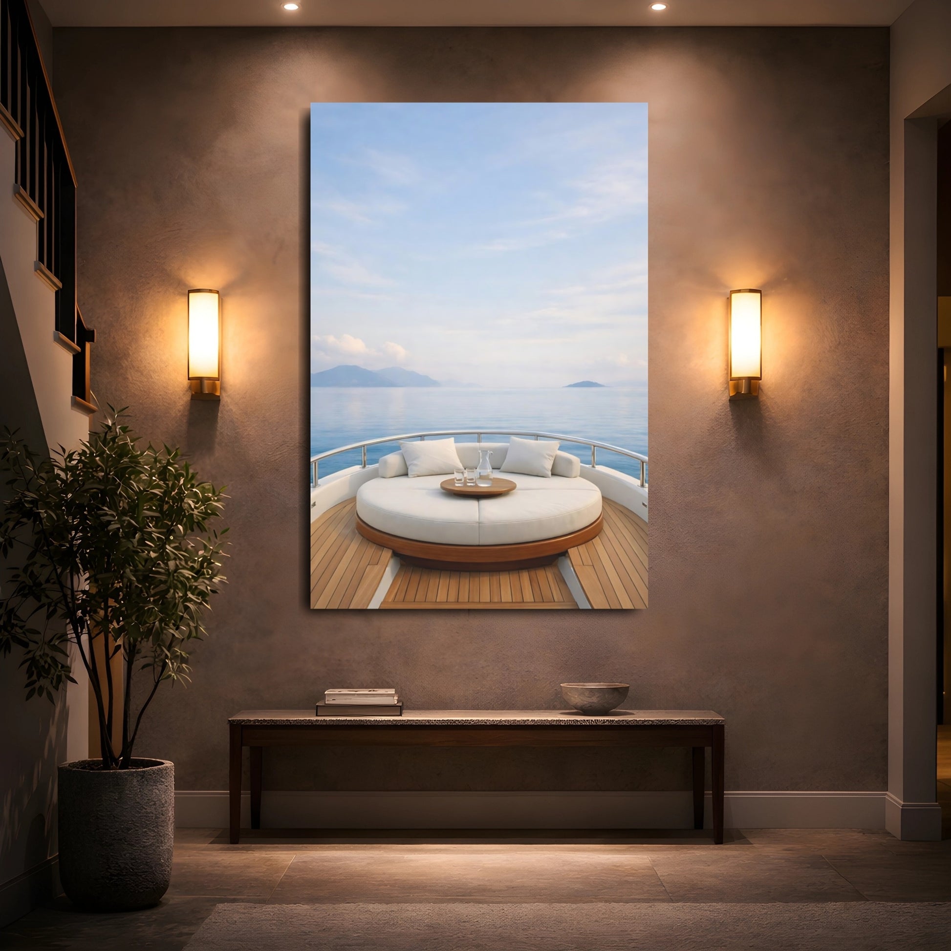 Nature Yacht Deck Blue And White shown as front canvas room wall art