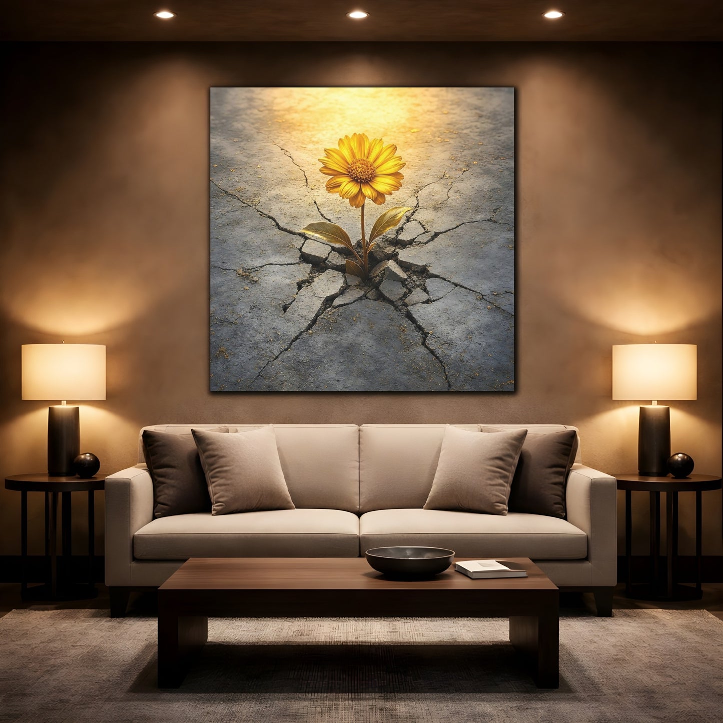 Mockup 2. Nature Yellow Flower Yellow And Gray shown as stretched canvas wall art