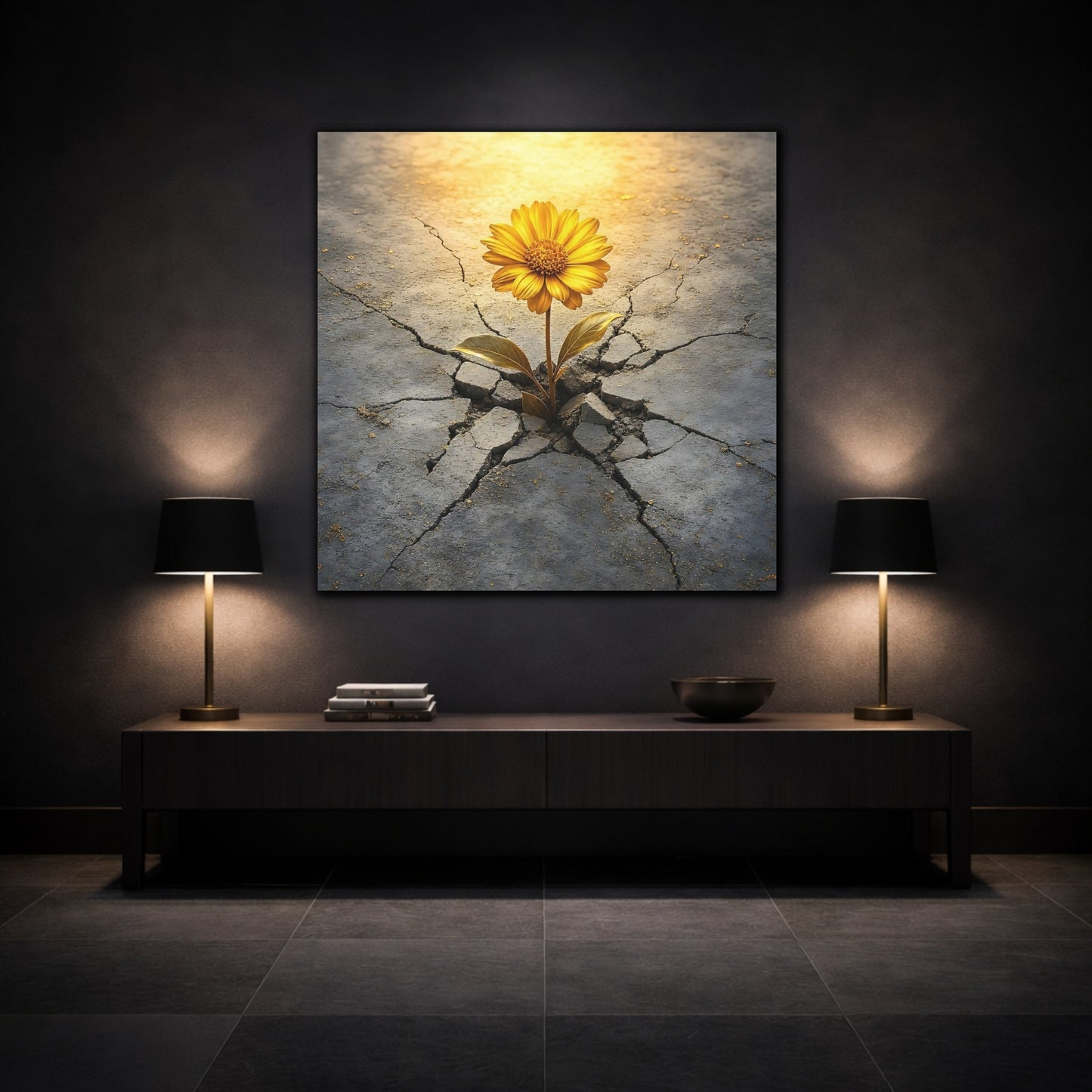 Mockup 3. Nature Yellow Flower Yellow And Gray shown as stretched canvas wall art