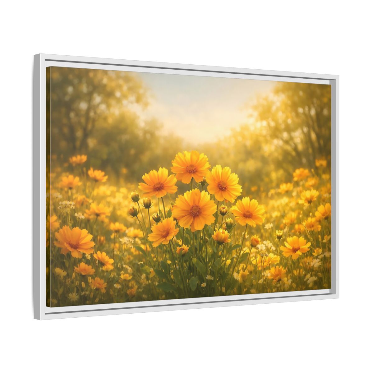 Side Mockup 10. Nature Yellow Flowers Yellow Floral shown as stretched canvas wall art