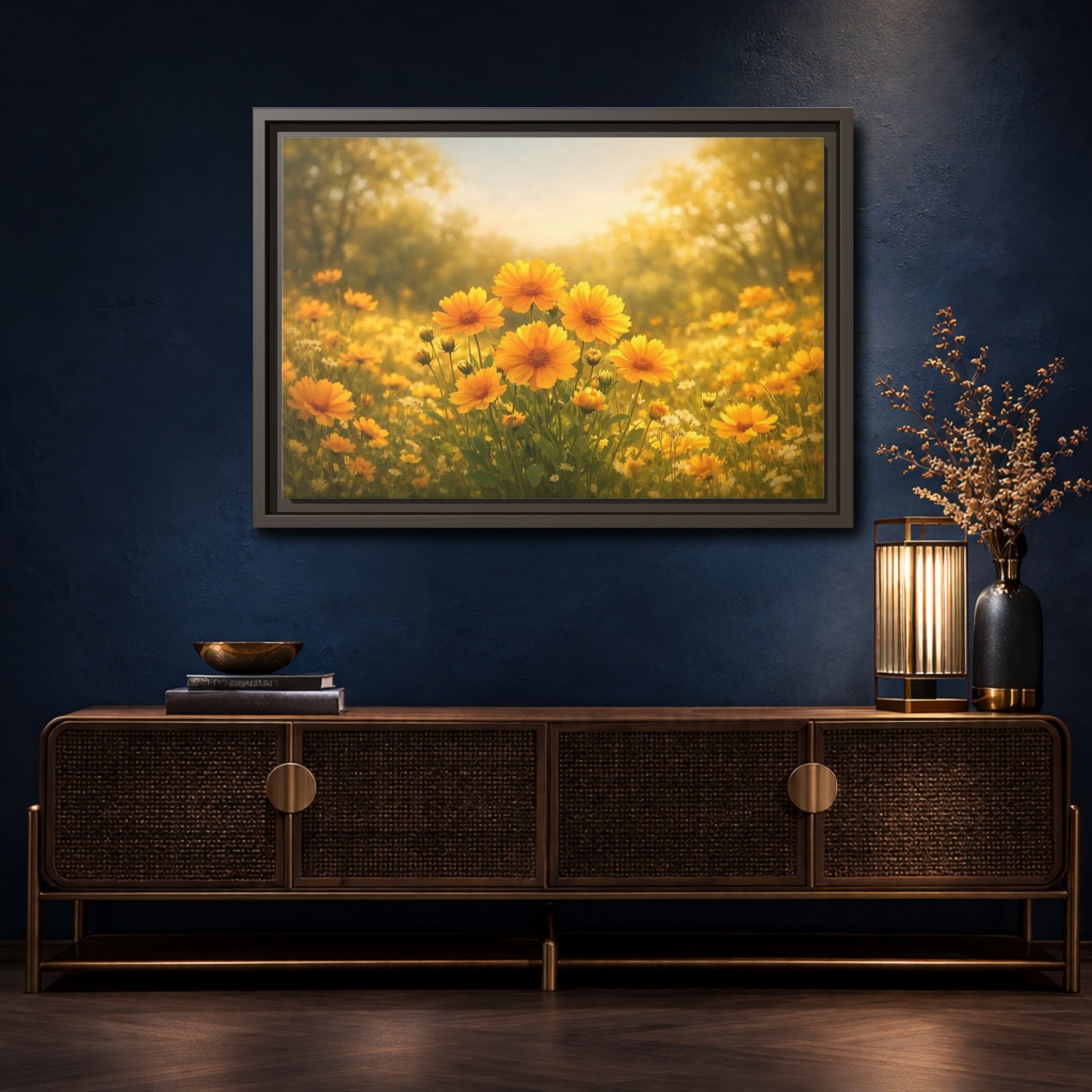 Mockup 4. Nature Yellow Flowers Yellow Floral shown as stretched canvas wall art