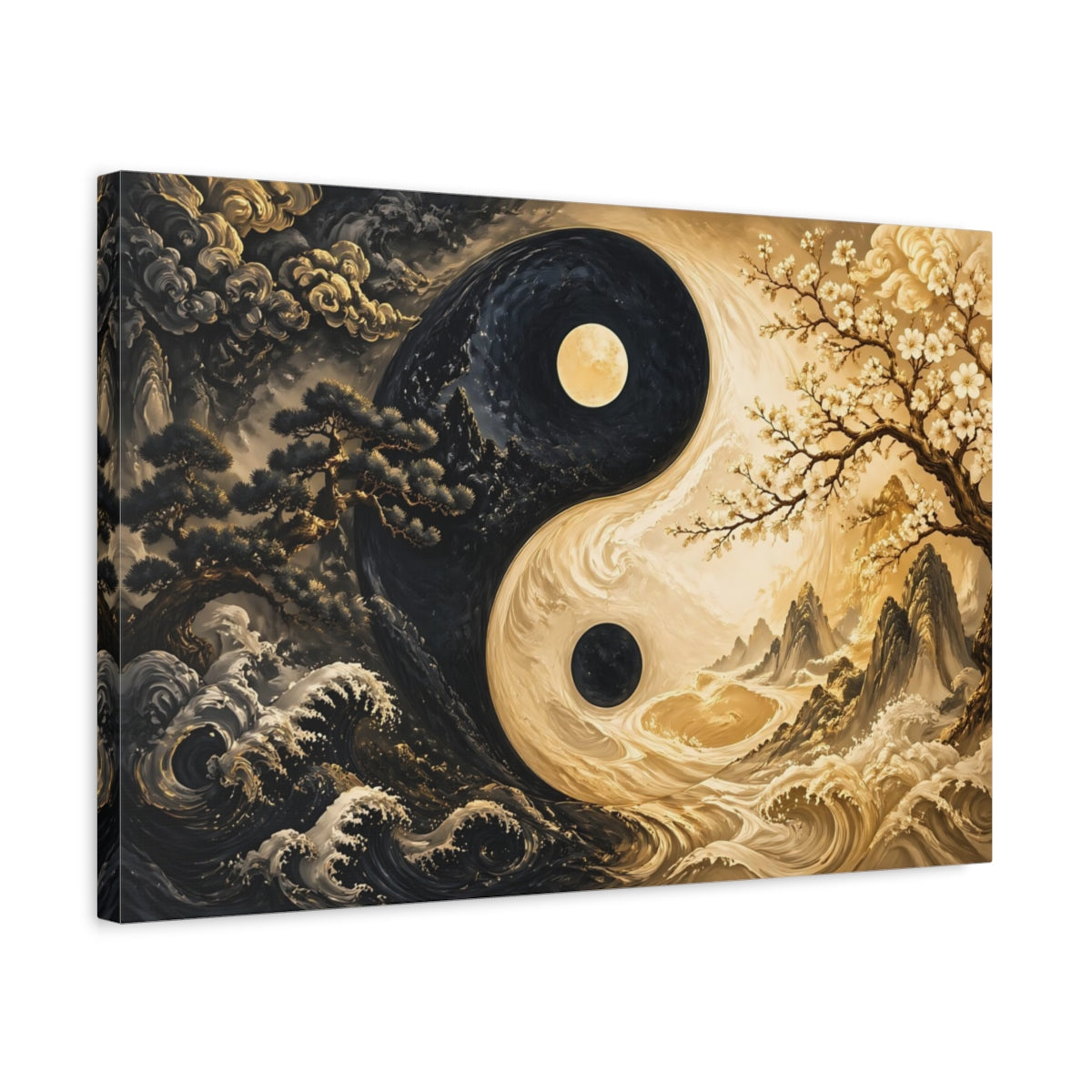 Side Mockup 3. Nature Yin Yang Black And Gold shown as stretched canvas wall art