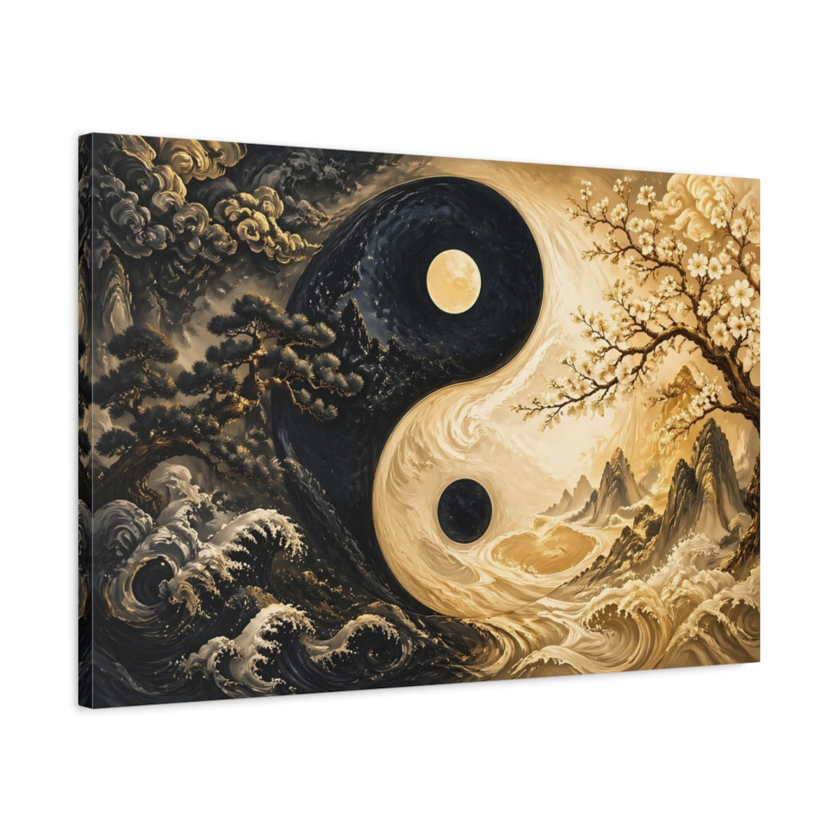 Side Mockup 2. Nature Yin Yang Black And Gold shown as stretched canvas wall art
