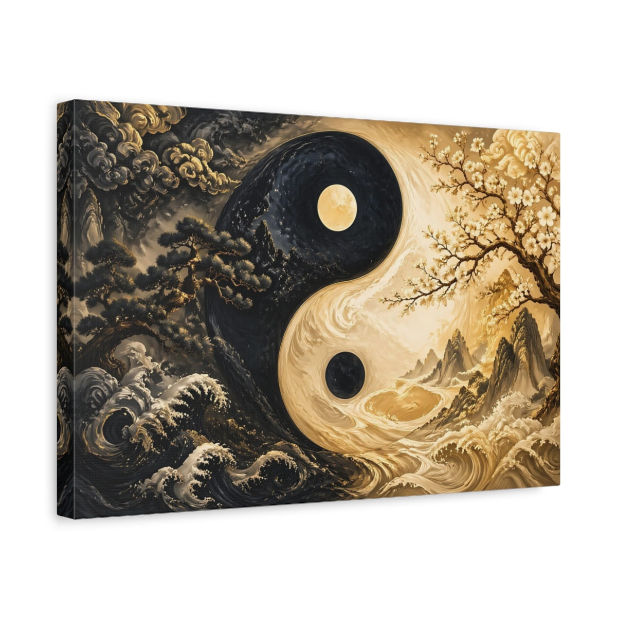 Side Mockup 4. Nature Yin Yang Black And Gold shown as stretched canvas wall art