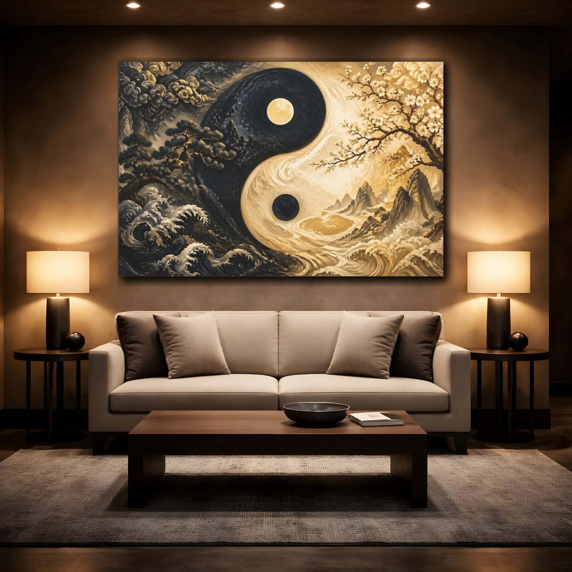 Mockup 2. Nature Yin Yang Black And Gold shown as stretched canvas wall art