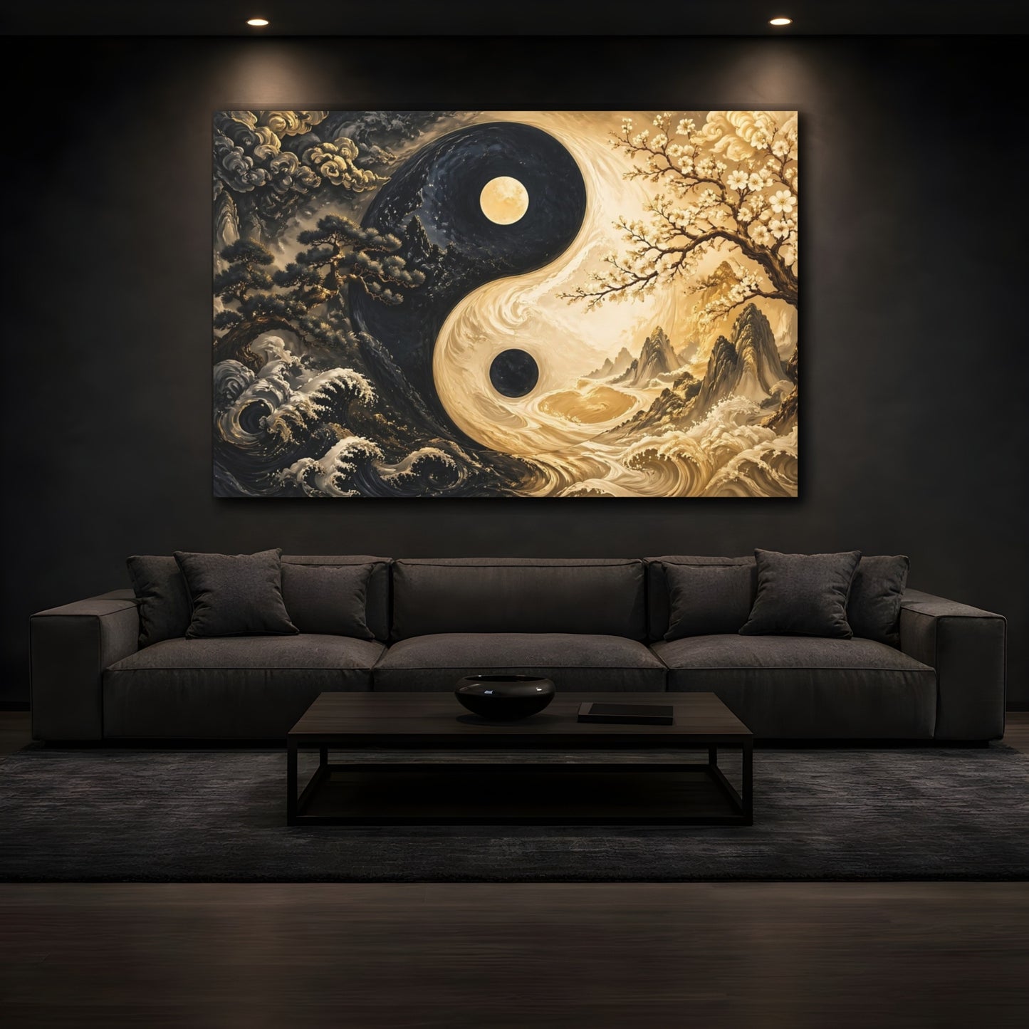 Mockup 3. Nature Yin Yang Black And Gold shown as stretched canvas wall art