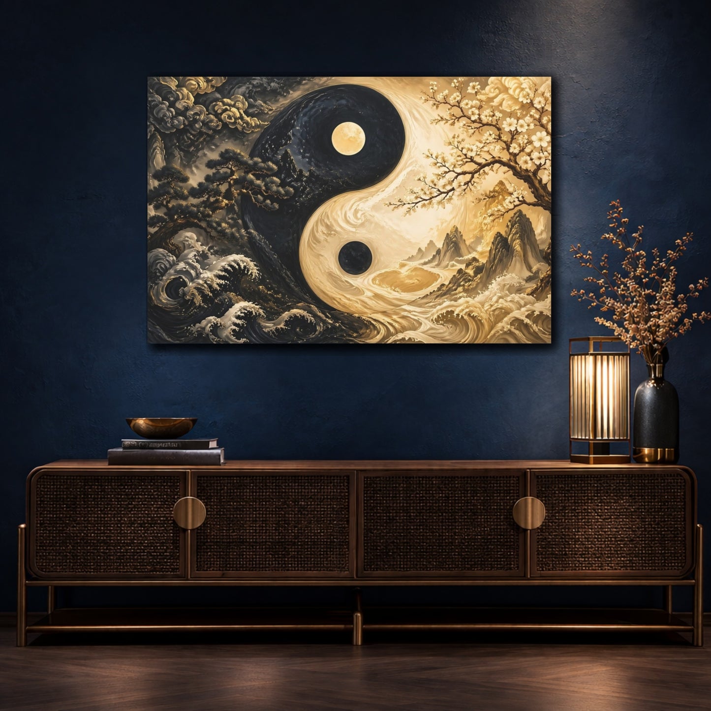 Mockup 4. Nature Yin Yang Black And Gold shown as stretched canvas wall art