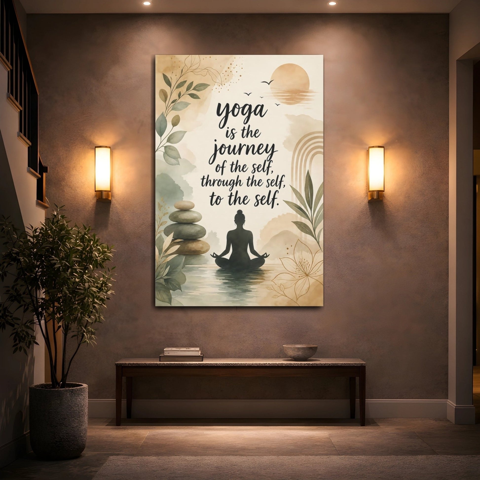 Nature Yoga Meditation Earthy Green Beige Canvas Print – Watercolor Living Room, Above Sofa - YesArtYes