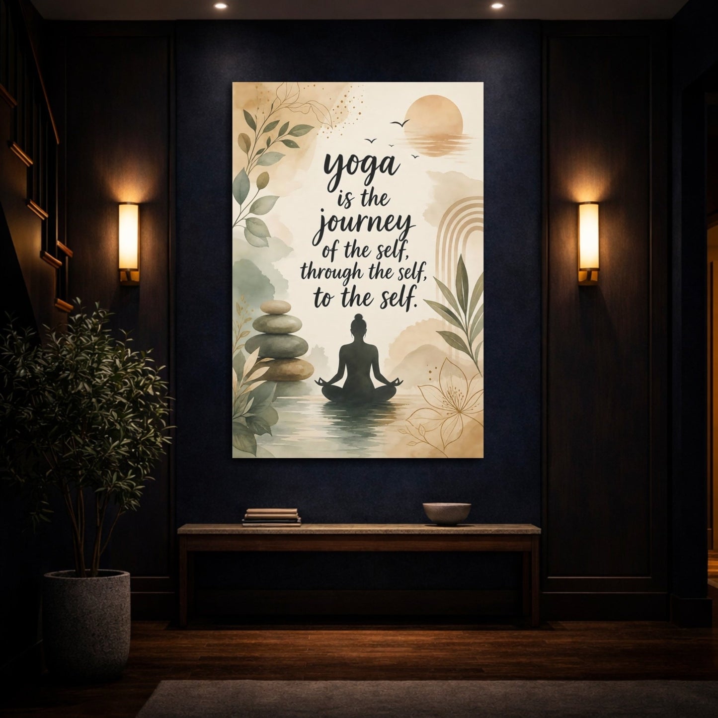 Nature Yoga Meditation Earthy Green Beige Canvas Print – Watercolor Living Room, Above Sofa - YesArtYes
