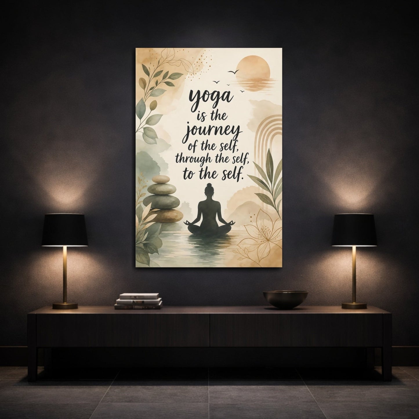 Nature Yoga Meditation Earthy Green Beige Canvas Print – Watercolor Living Room, Above Sofa - YesArtYes