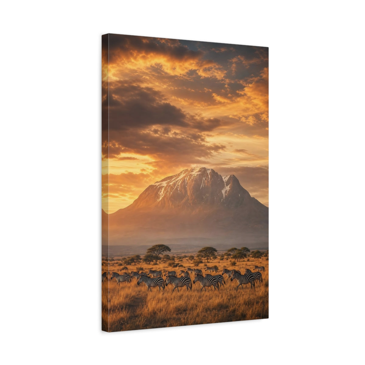 Side Mockup 3. Nature Zebras Golden Savannah shown as stretched canvas wall art