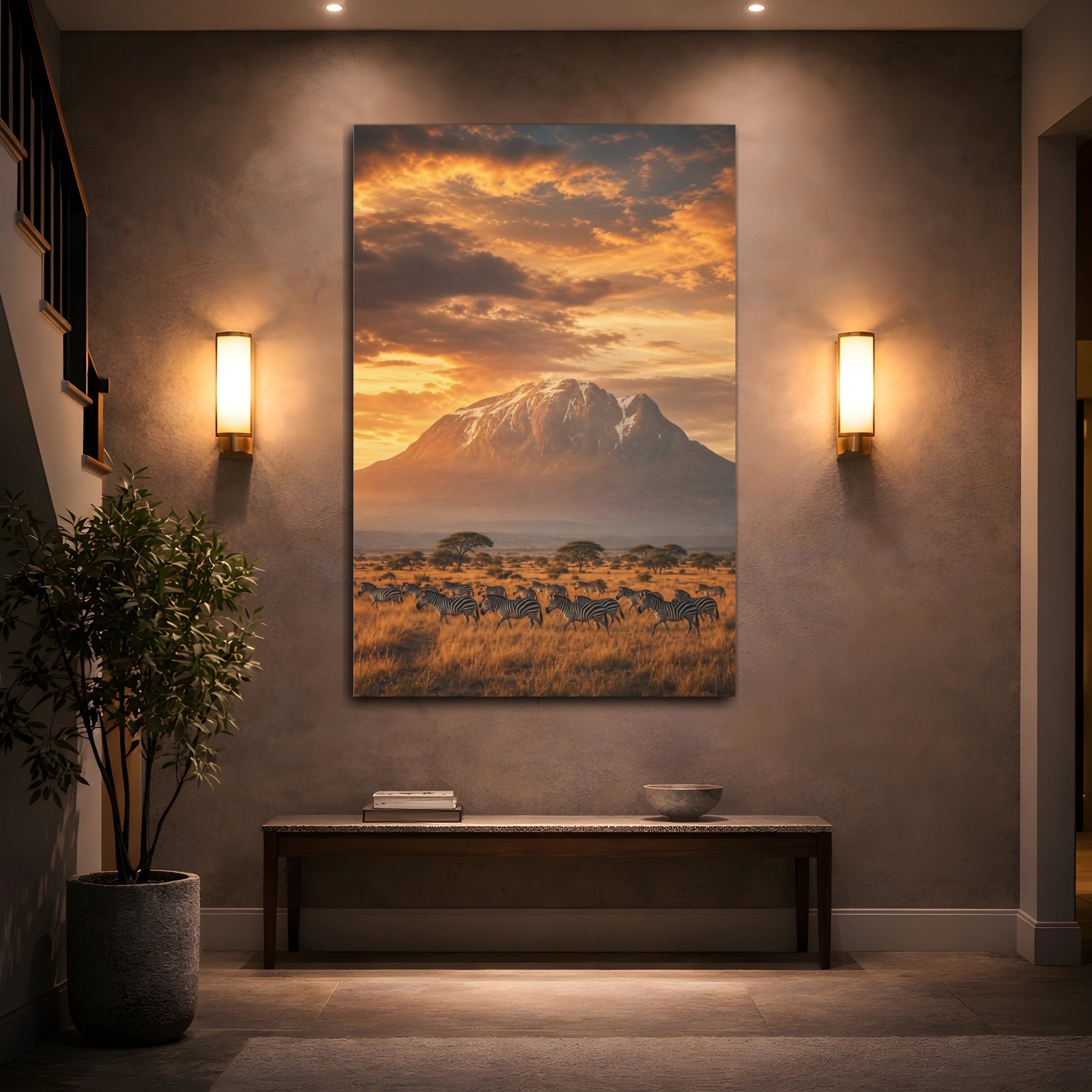 Mockup 2. Nature Zebras Golden Savannah shown as stretched canvas wall art