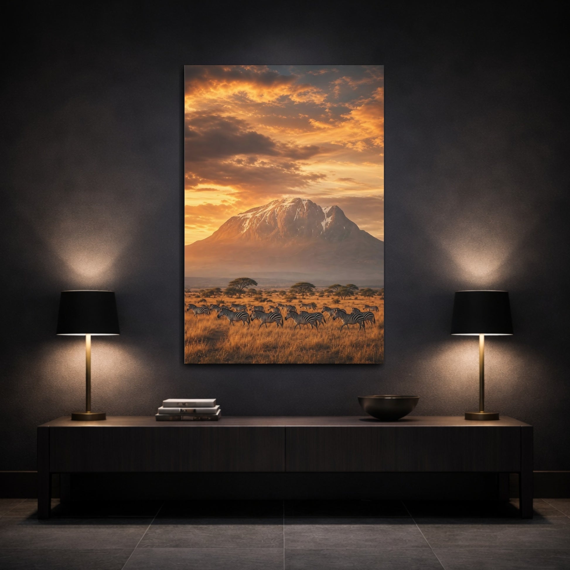 Mockup 3. Nature Zebras Golden Savannah shown as stretched canvas wall art