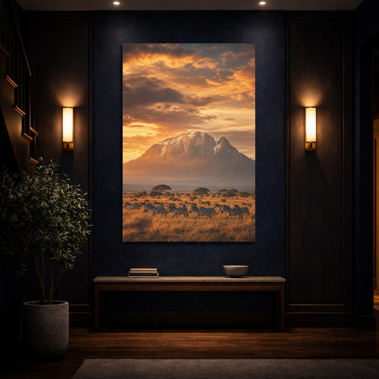 Mockup 4. Nature Zebras Golden Savannah shown as stretched canvas wall art