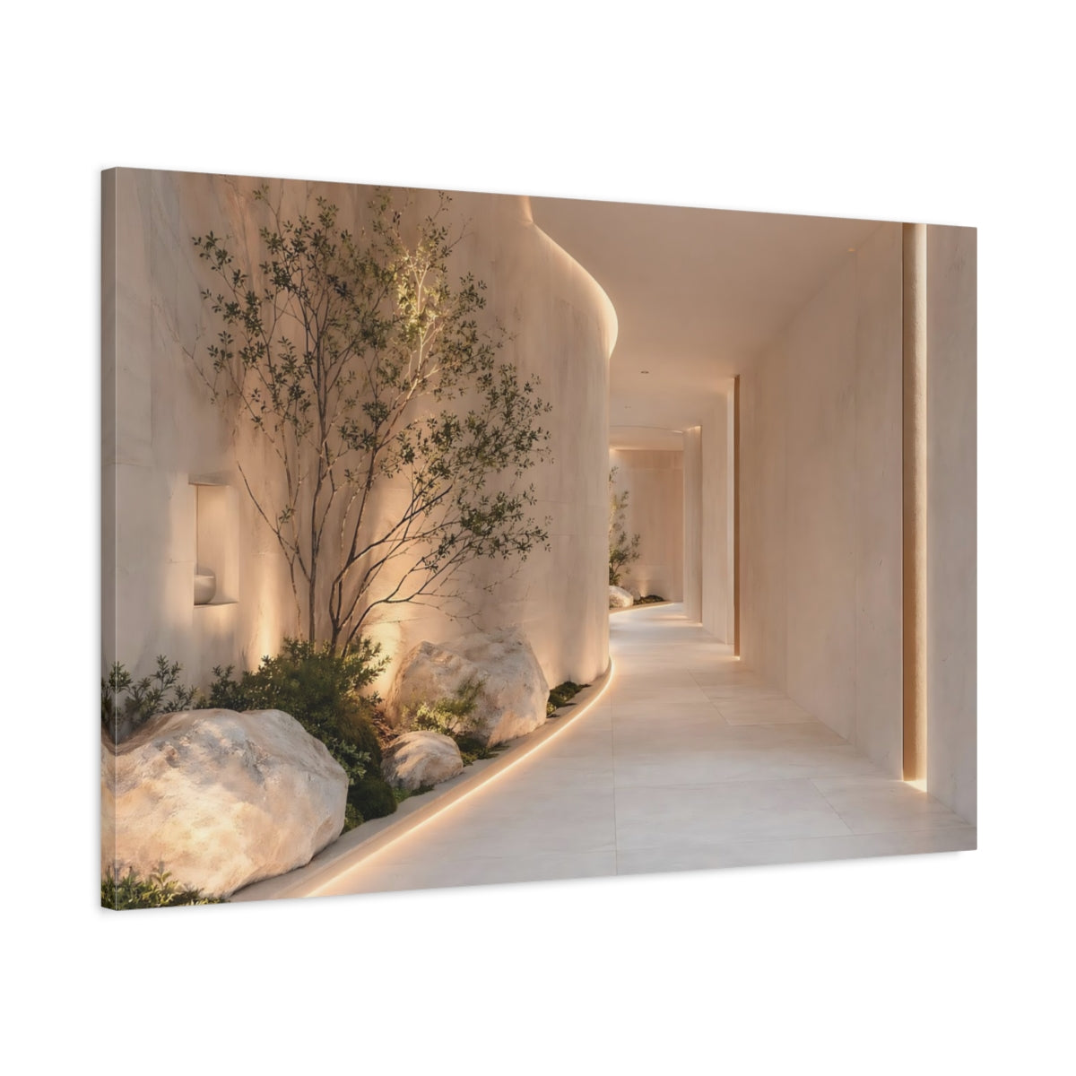 Main Mockup. Nature Zen Garden Beige And Green shown as stretched canvas wall art