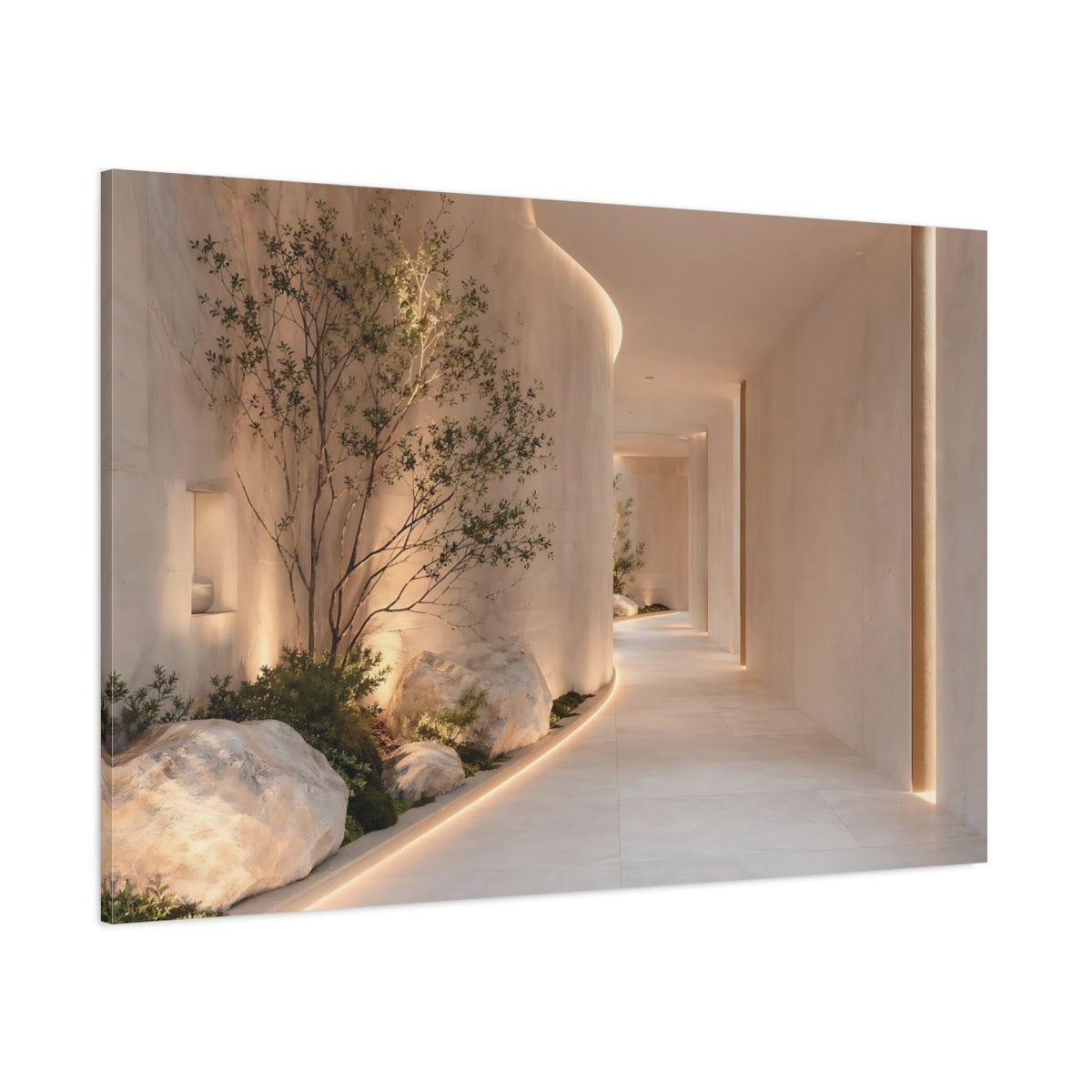 Side Mockup 1. Nature Zen Garden Beige And Green shown as stretched canvas wall art