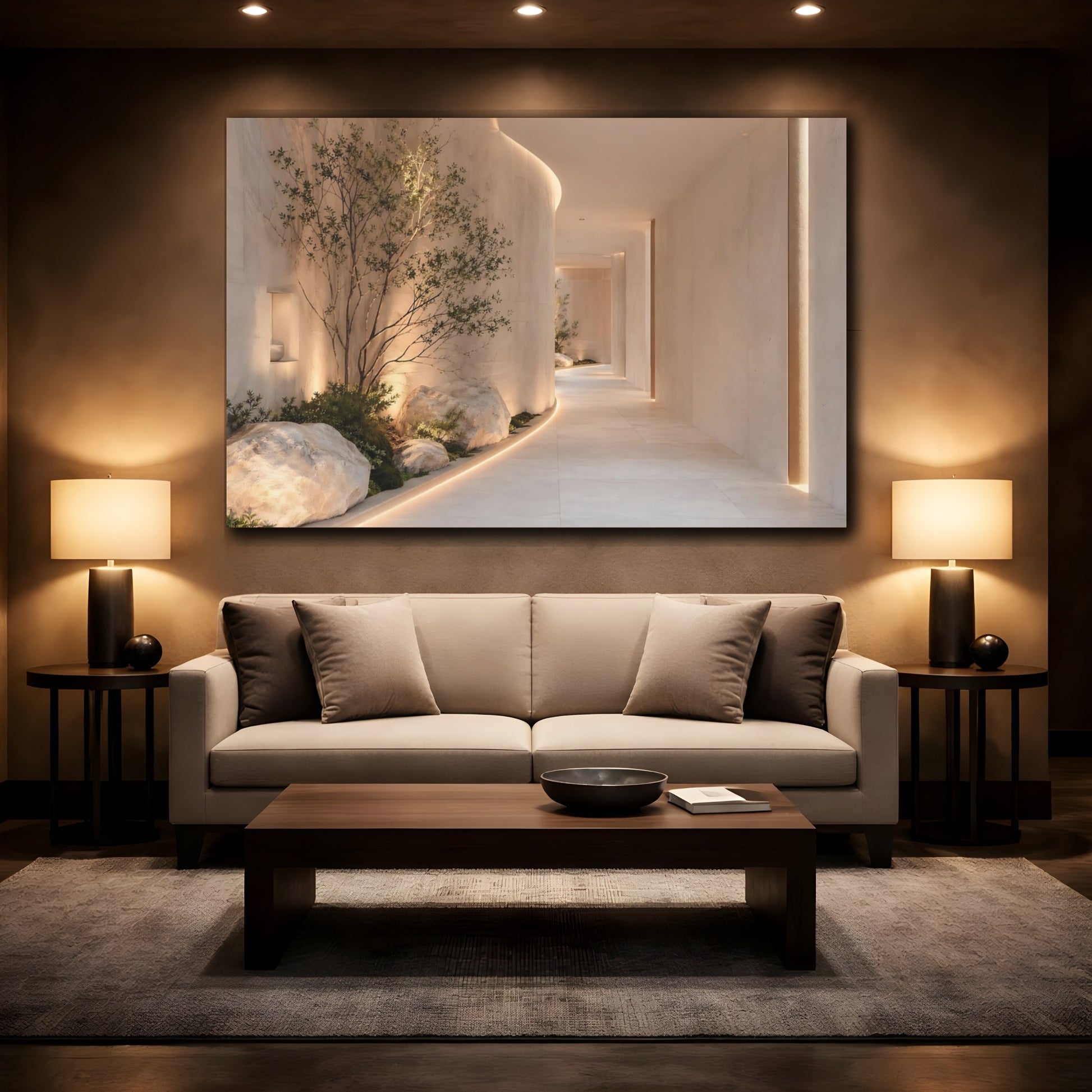 Mockup 2. Nature Zen Garden Beige And Green shown as stretched canvas wall art