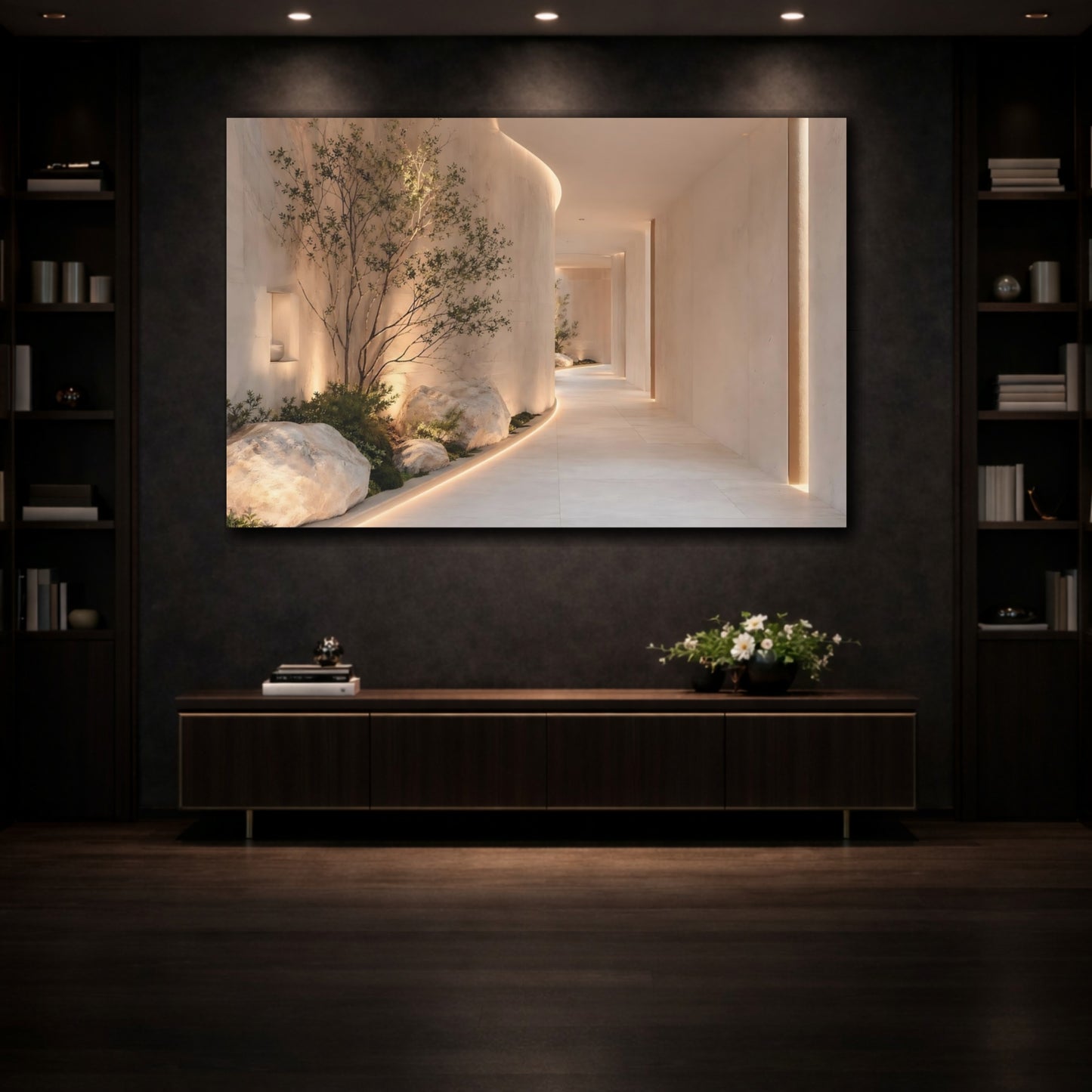 Mockup 3. Nature Zen Garden Beige And Green shown as stretched canvas wall art