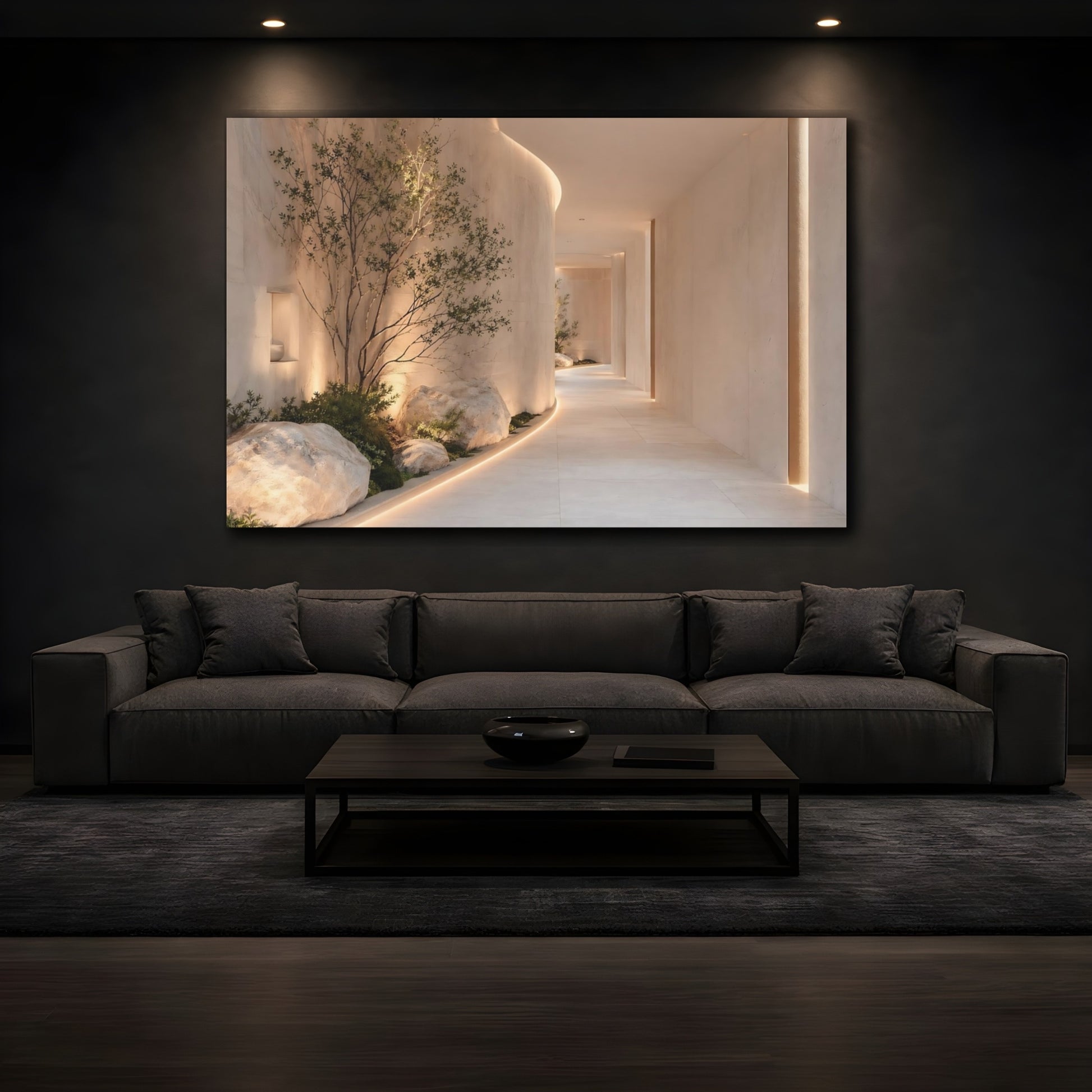 Mockup 4. Nature Zen Garden Beige And Green shown as stretched canvas wall art