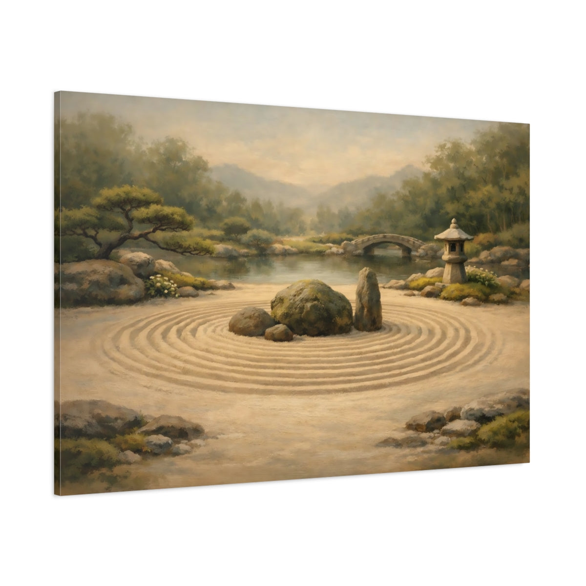 Main Mockup. Nature Zen Garden Green And Tan shown as stretched canvas wall art