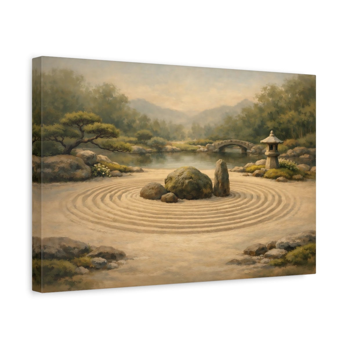 Side Mockup 4. Nature Zen Garden Green And Tan shown as stretched canvas wall art