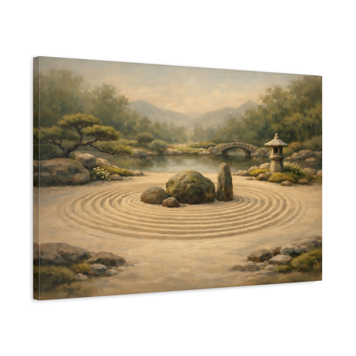 Side Mockup 2. Nature Zen Garden Green And Tan shown as stretched canvas wall art