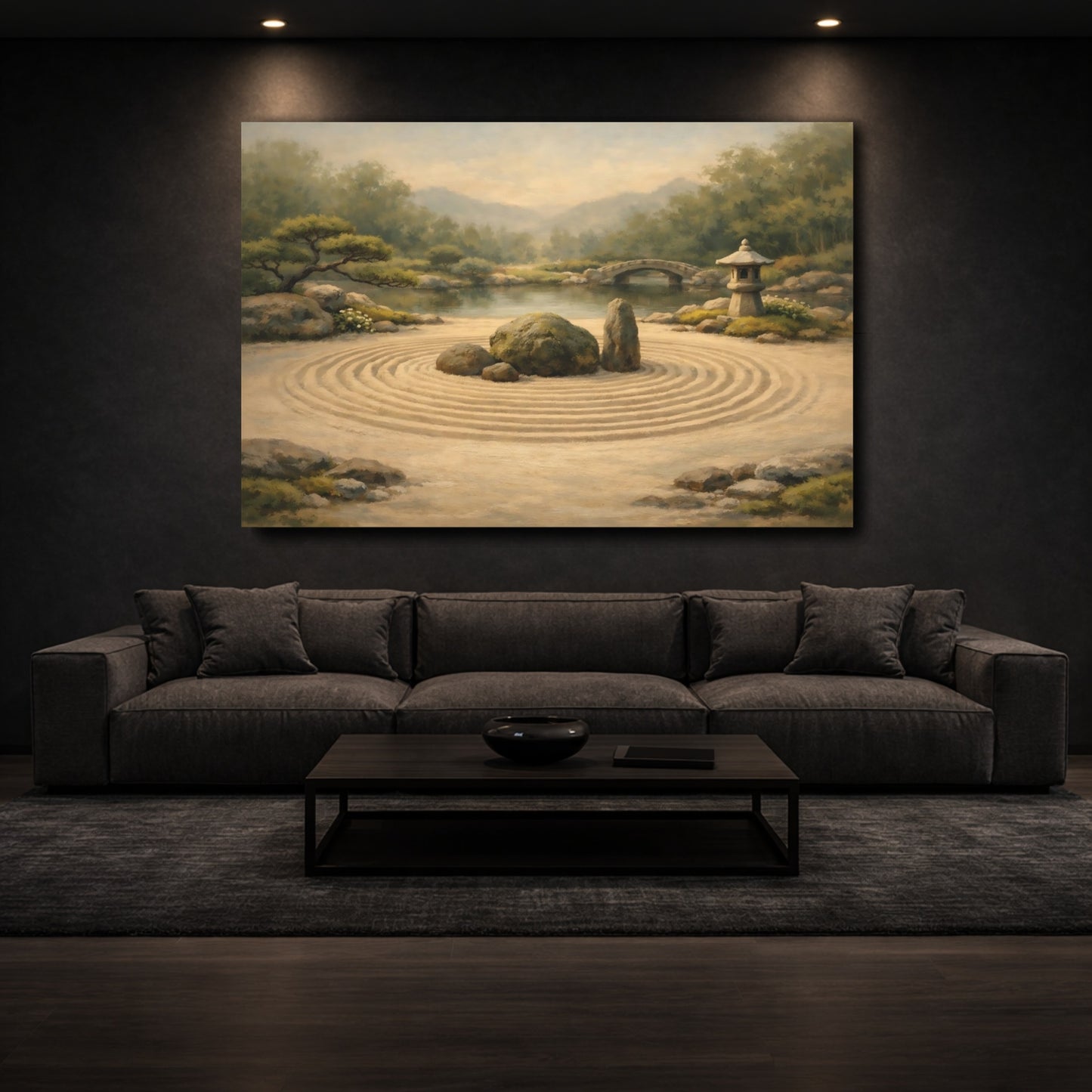 Mockup 2. Nature Zen Garden Green And Tan shown as stretched canvas wall art