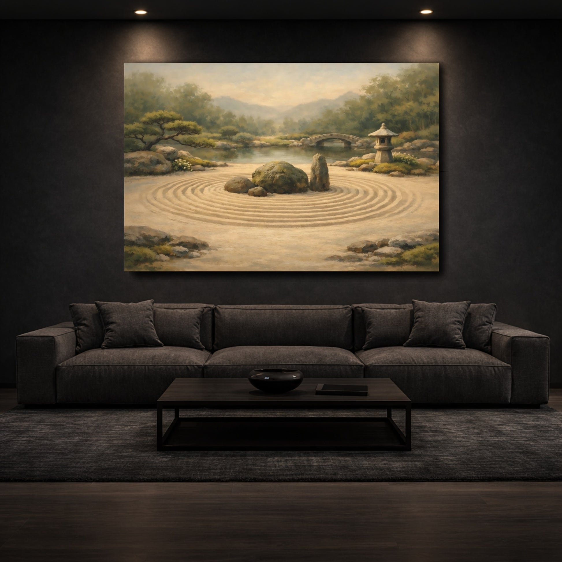 Mockup 2. Nature Zen Garden Green And Tan shown as stretched canvas wall art