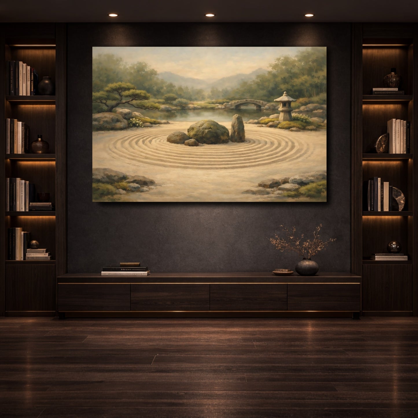 Mockup 3. Nature Zen Garden Green And Tan shown as stretched canvas wall art