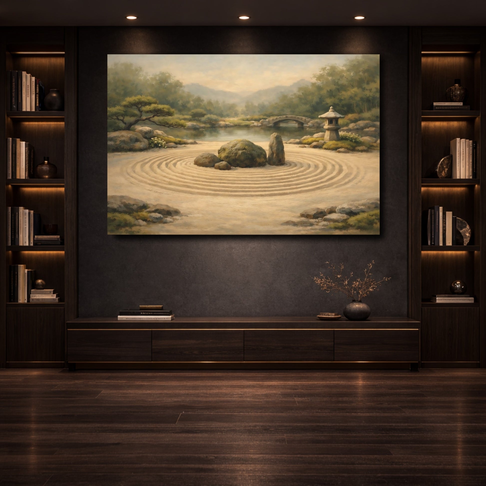 Mockup 3. Nature Zen Garden Green And Tan shown as stretched canvas wall art