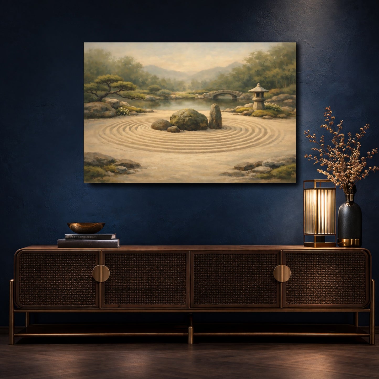 Mockup 4. Nature Zen Garden Green And Tan shown as stretched canvas wall art