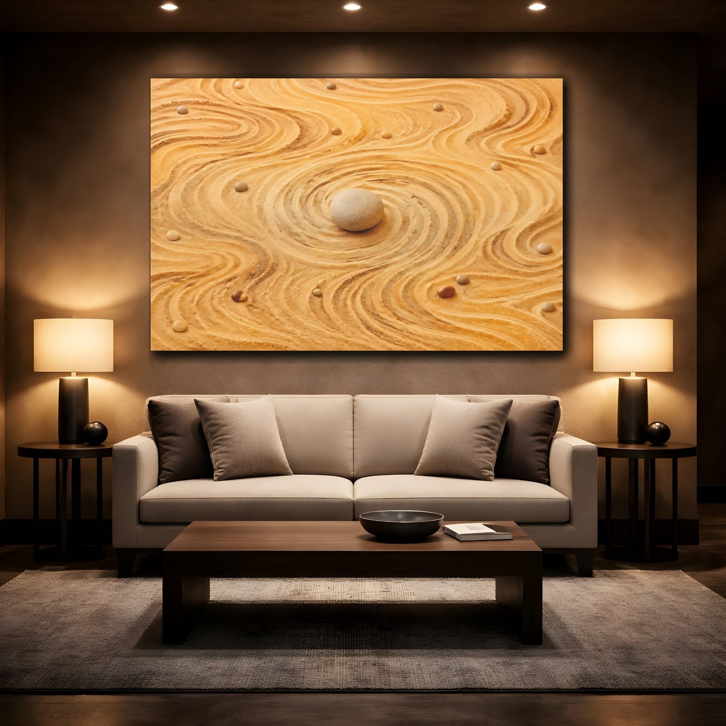 Mockup 2. Nature Zen Garden Sandy Neutral Tones shown as stretched canvas wall art