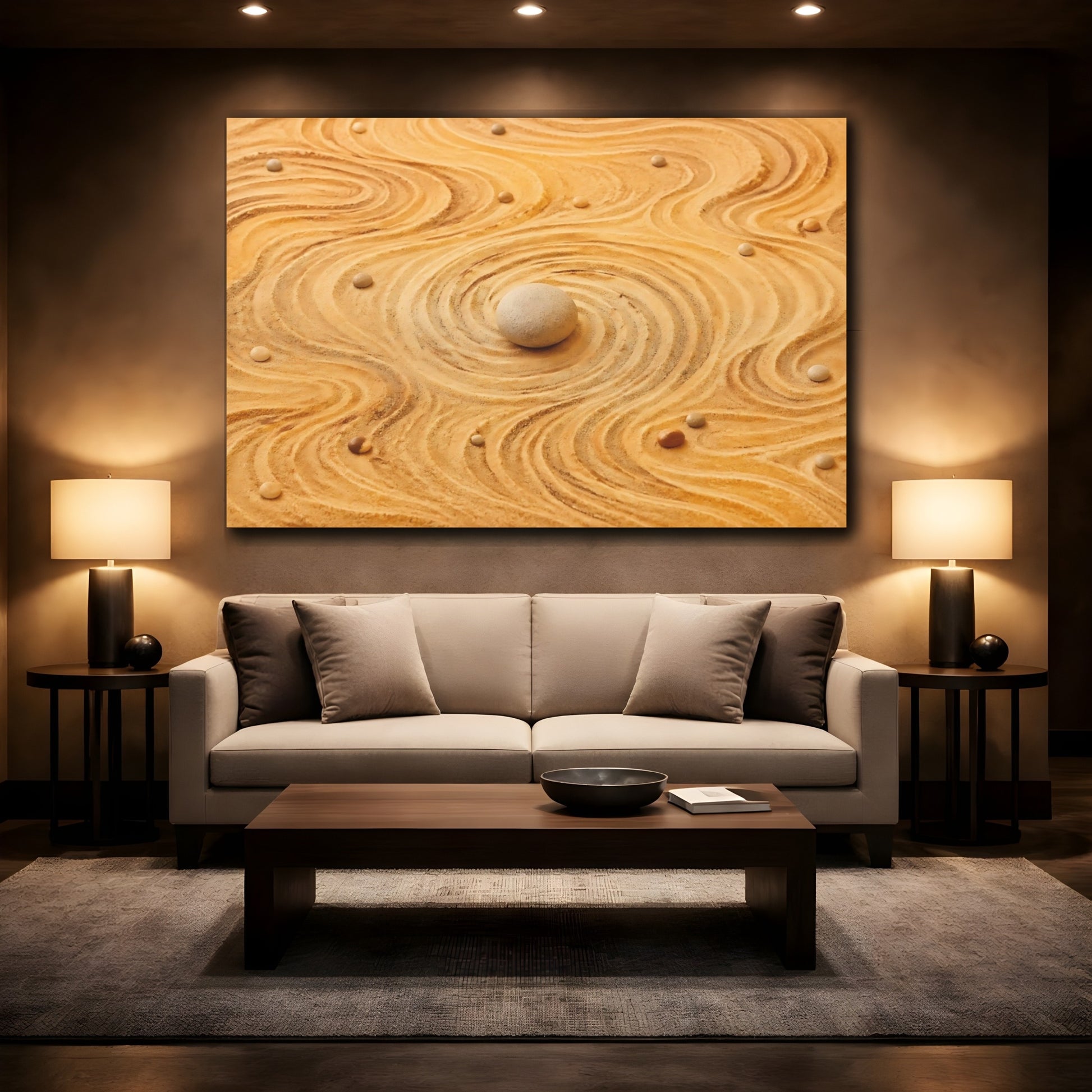 Mockup 2. Nature Zen Garden Sandy Neutral Tones shown as stretched canvas wall art