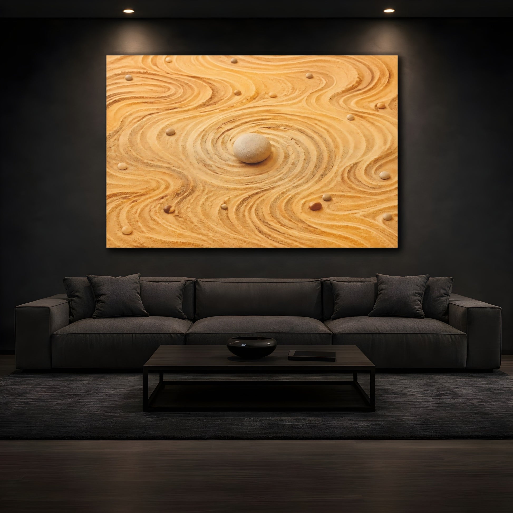Mockup 3. Nature Zen Garden Sandy Neutral Tones shown as stretched canvas wall art