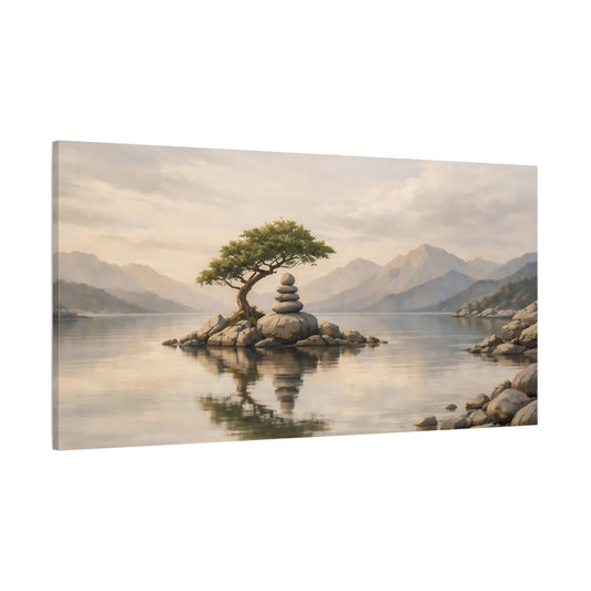 Main Mockup. Nature Zen Island Calm Lake Landscape shown as stretched canvas wall art