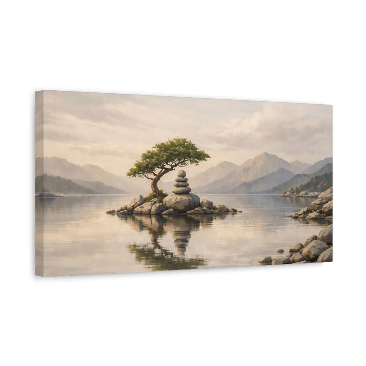 Side Mockup 3. Nature Zen Island Calm Lake Landscape shown as stretched canvas wall art