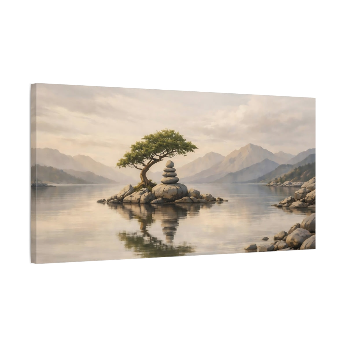 Side Mockup 2. Nature Zen Island Calm Lake Landscape shown as stretched canvas wall art
