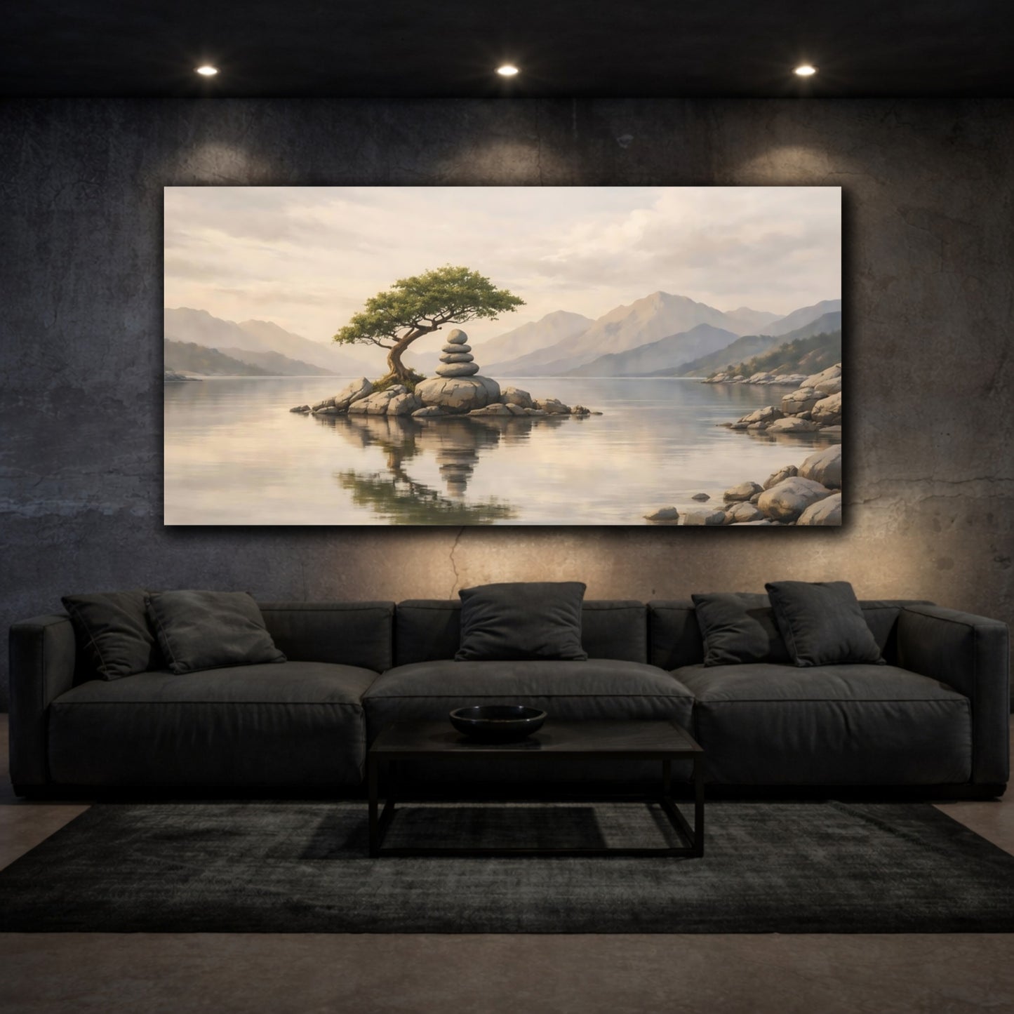 Mockup 2. Nature Zen Island Calm Lake Landscape shown as stretched canvas wall art