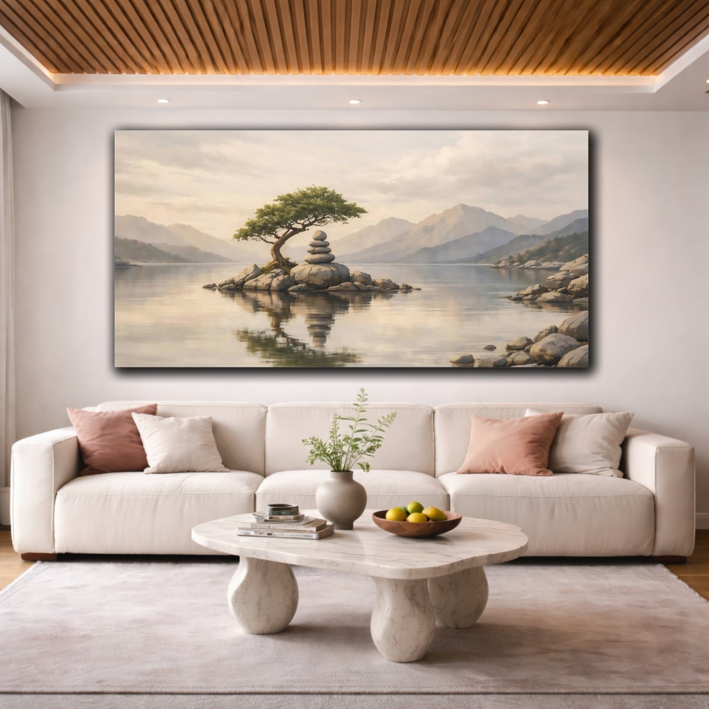 Mockup 3. Nature Zen Island Calm Lake Landscape shown as stretched canvas wall art