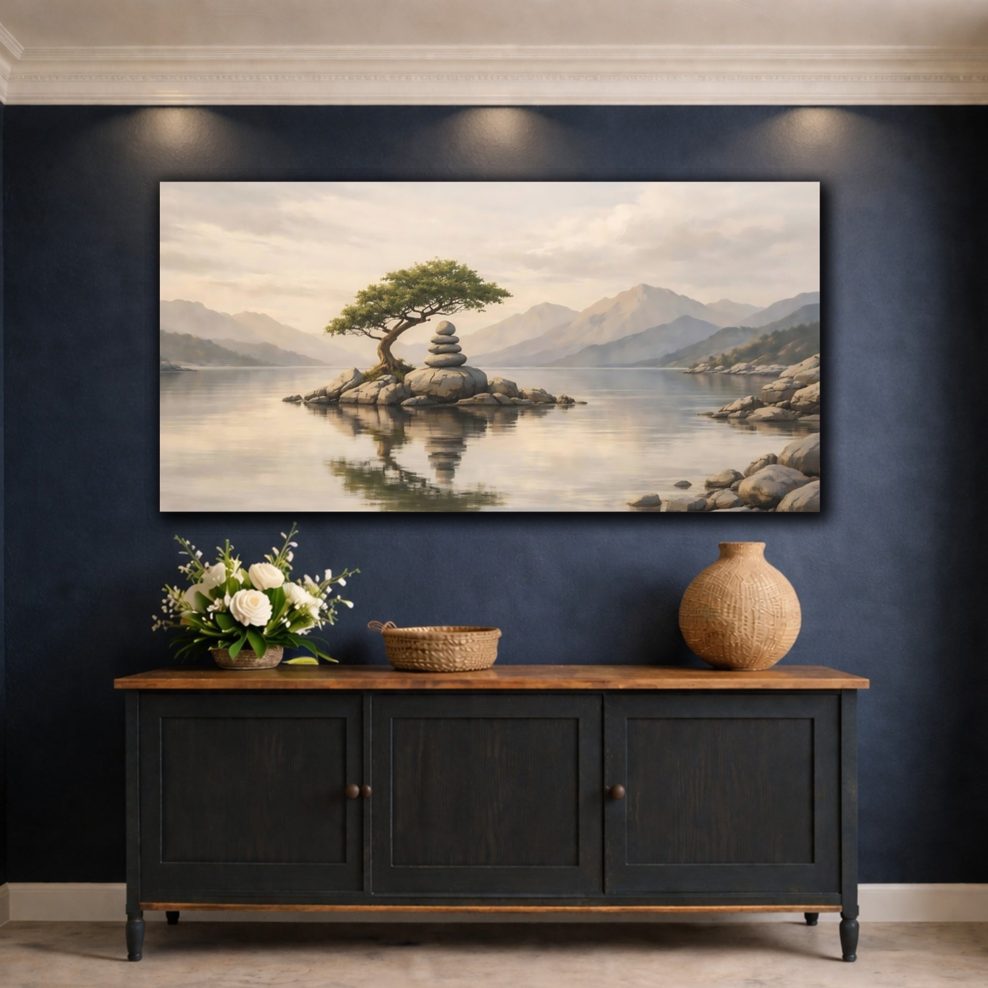 Mockup 4. Nature Zen Island Calm Lake Landscape shown as stretched canvas wall art