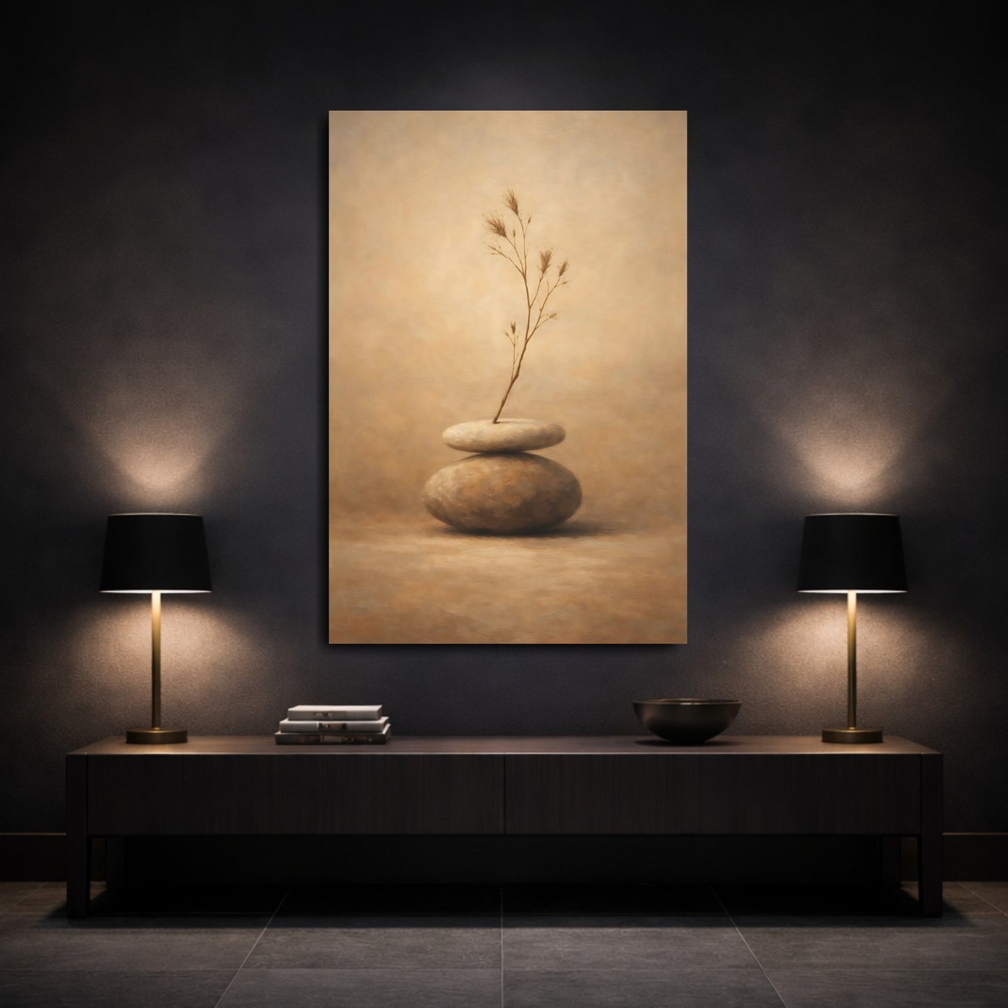 Mockup 2. Nature Zen Stones Brown And Beige shown as stretched canvas wall art
