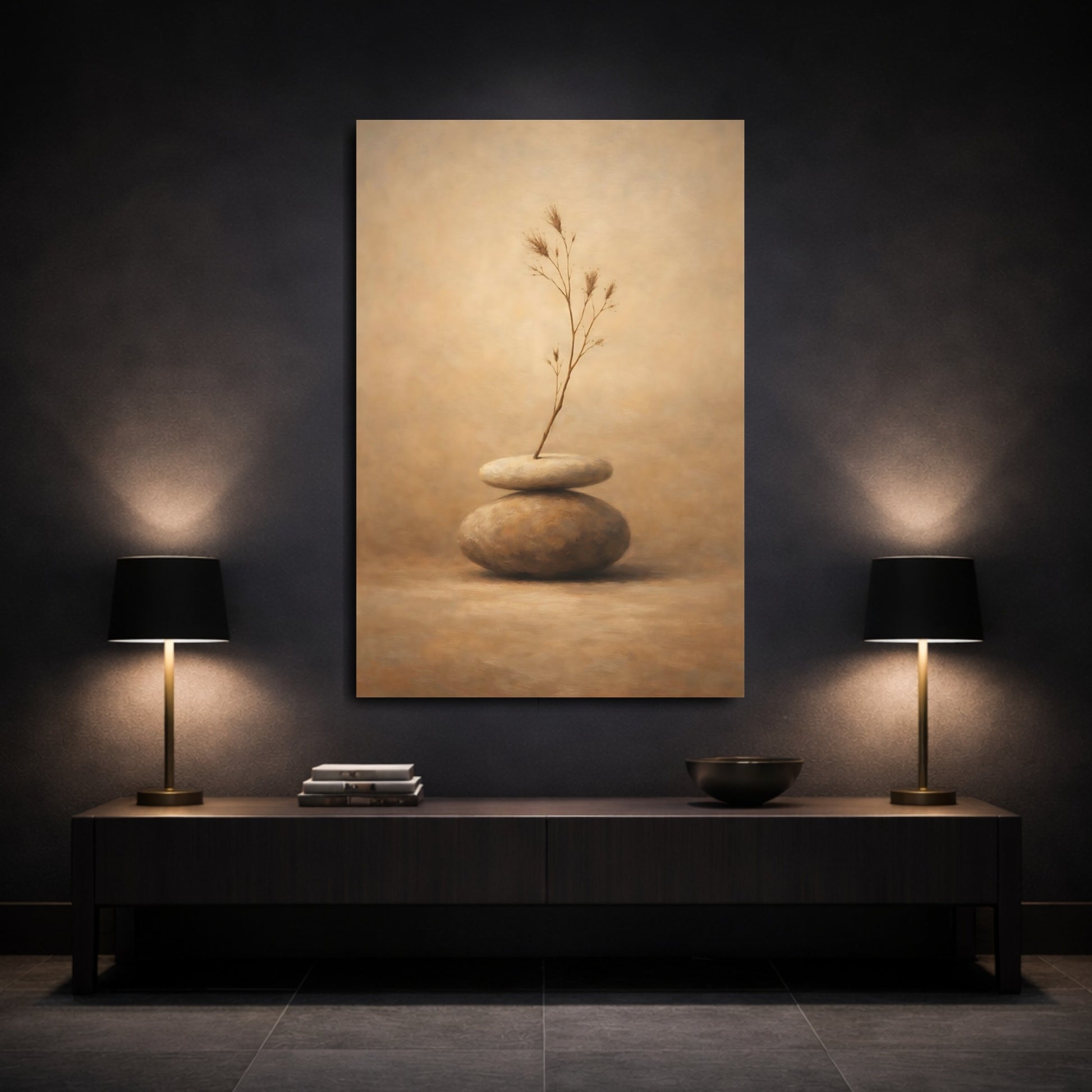 Mockup 2. Nature Zen Stones Brown And Beige shown as stretched canvas wall art