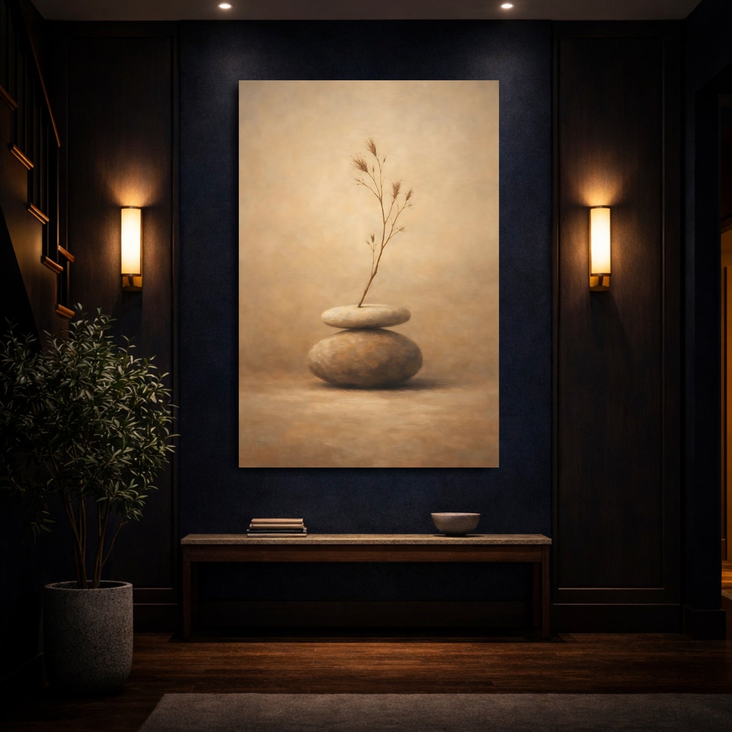 Mockup 3. Nature Zen Stones Brown And Beige shown as stretched canvas wall art
