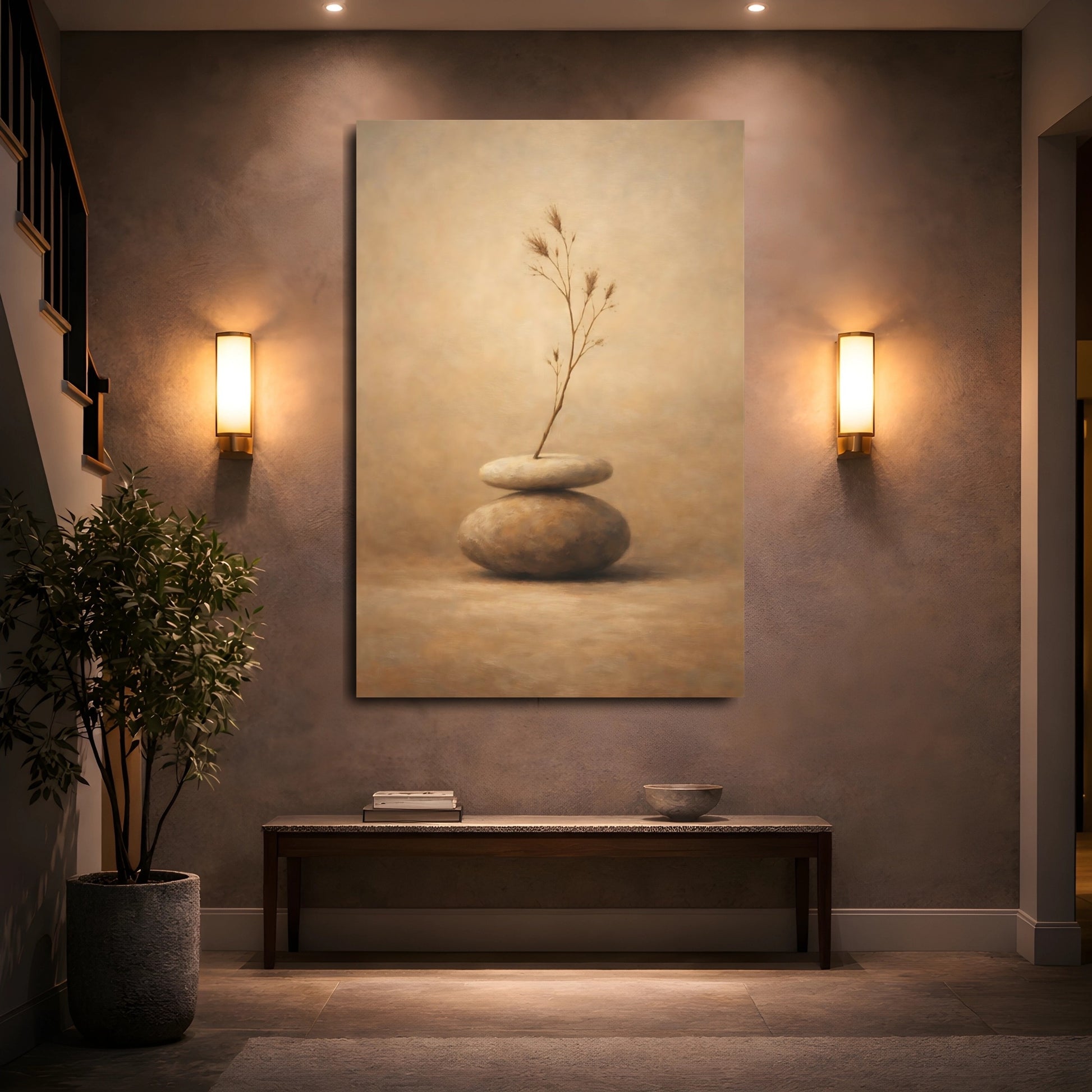 Mockup 4. Nature Zen Stones Brown And Beige shown as stretched canvas wall art