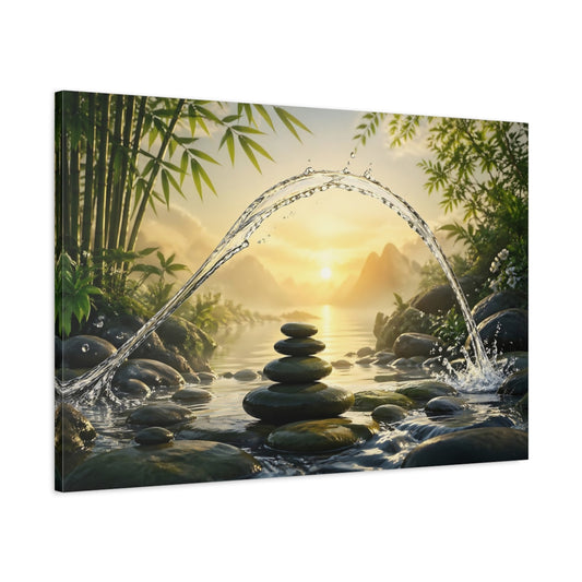 Main Mockup. Nature Zen Stones Green And Gold shown as stretched canvas wall art