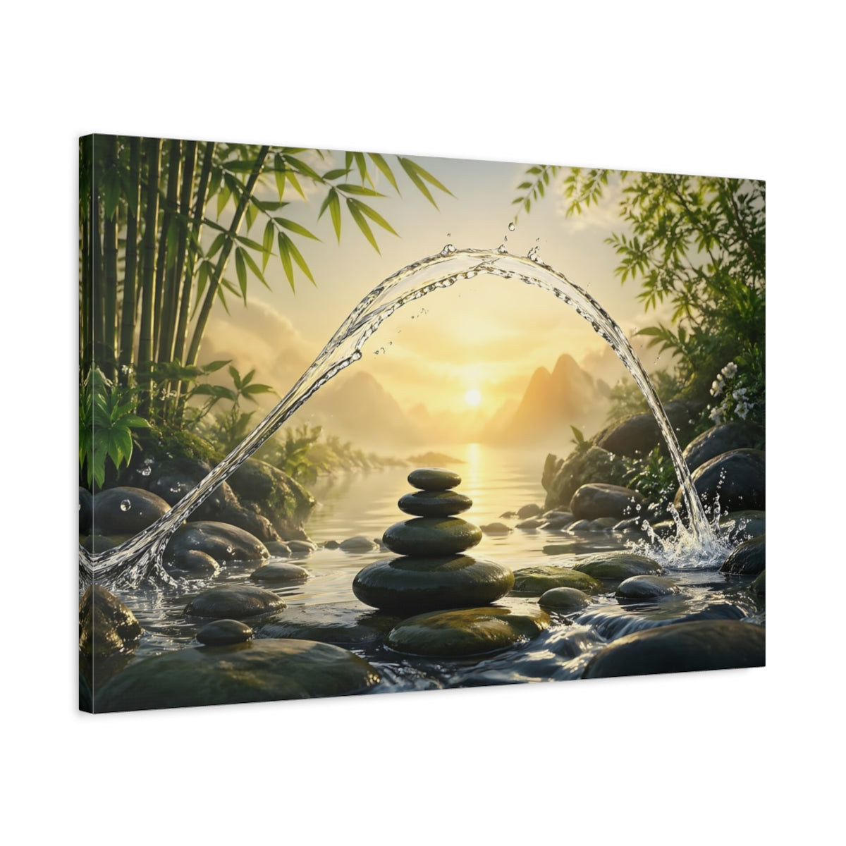 Side Mockup 2. Nature Zen Stones Green And Gold shown as stretched canvas wall art