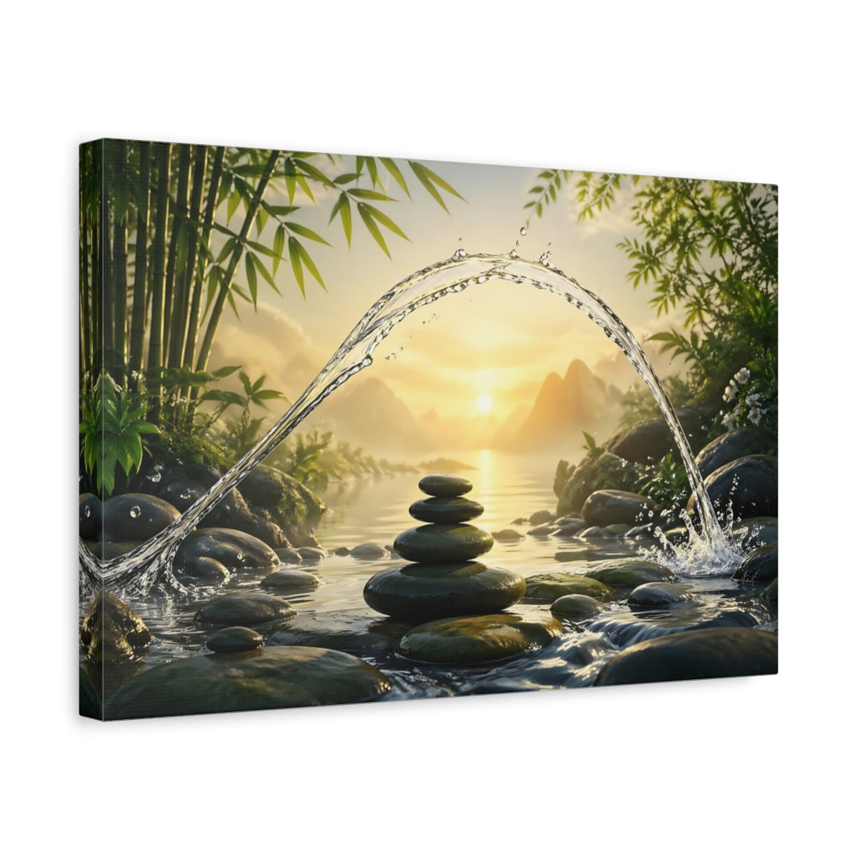 Side Mockup 4. Nature Zen Stones Green And Gold shown as stretched canvas wall art