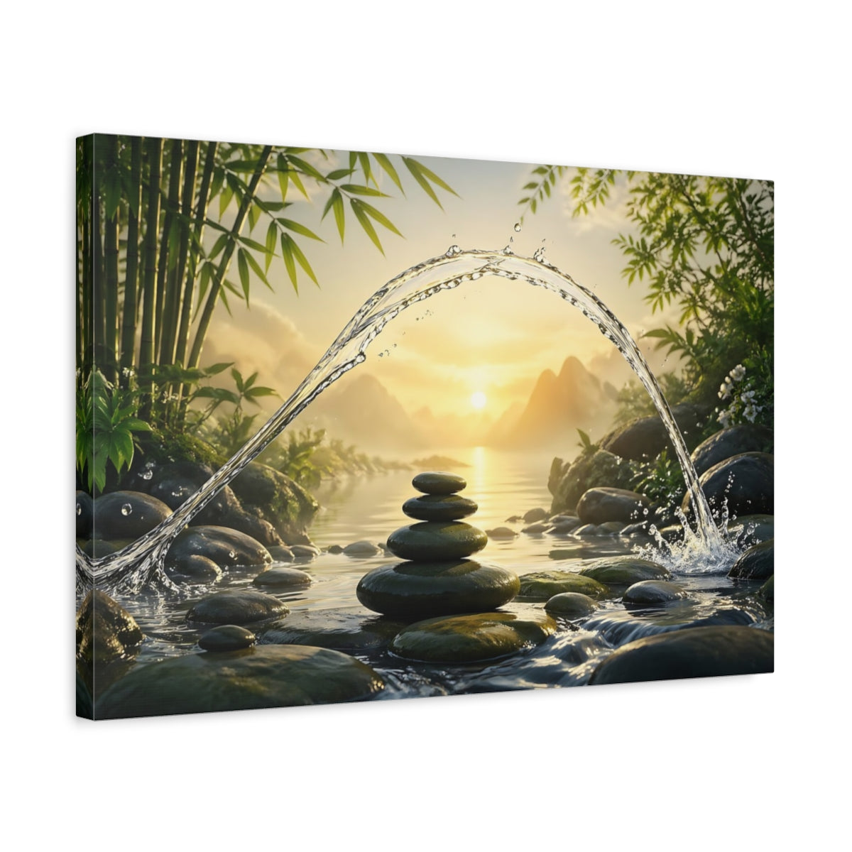 Side Mockup 3. Nature Zen Stones Green And Gold shown as stretched canvas wall art