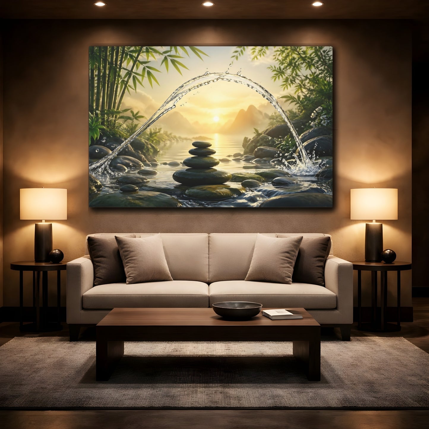 Mockup 2. Nature Zen Stones Green And Gold shown as stretched canvas wall art