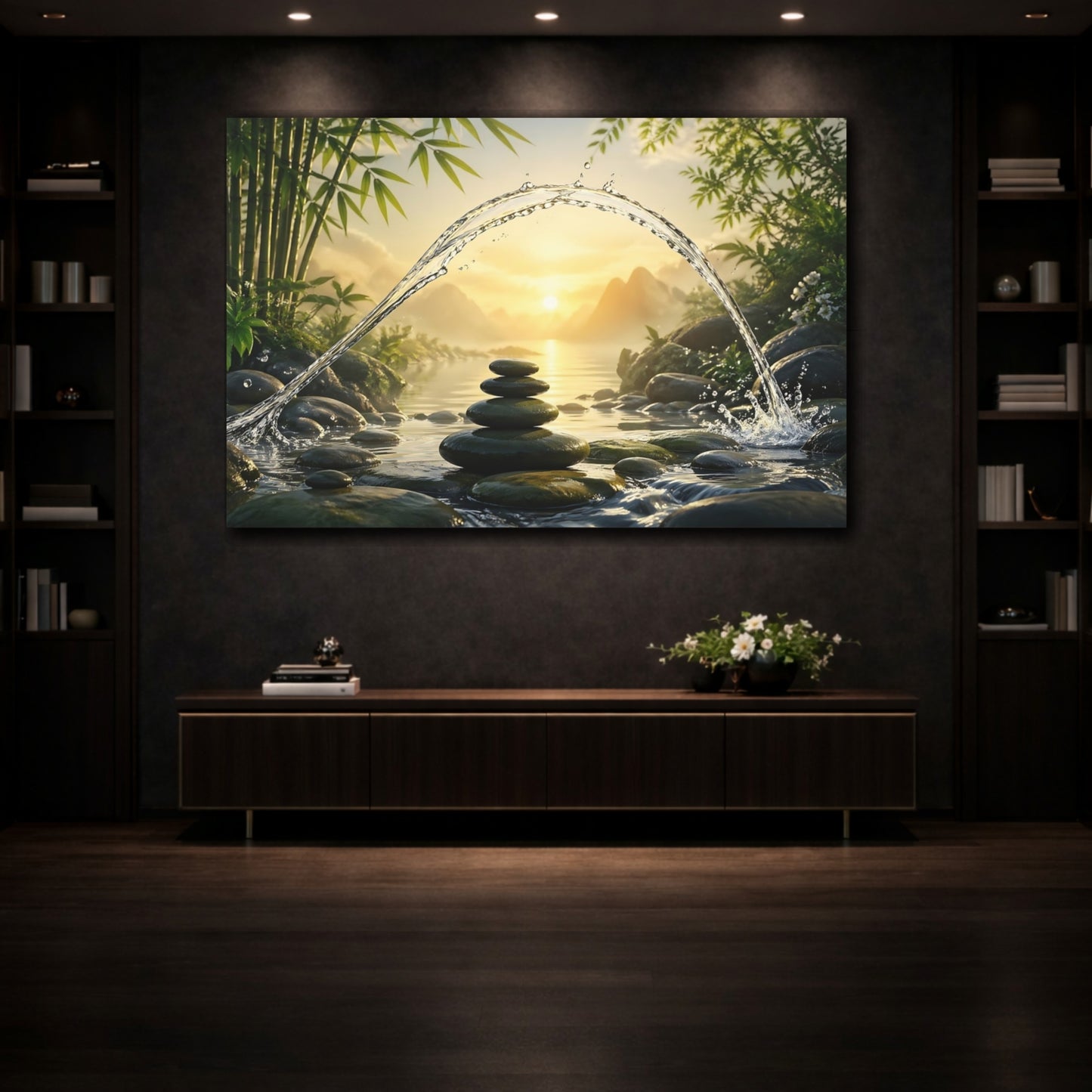 Mockup 3. Nature Zen Stones Green And Gold shown as stretched canvas wall art